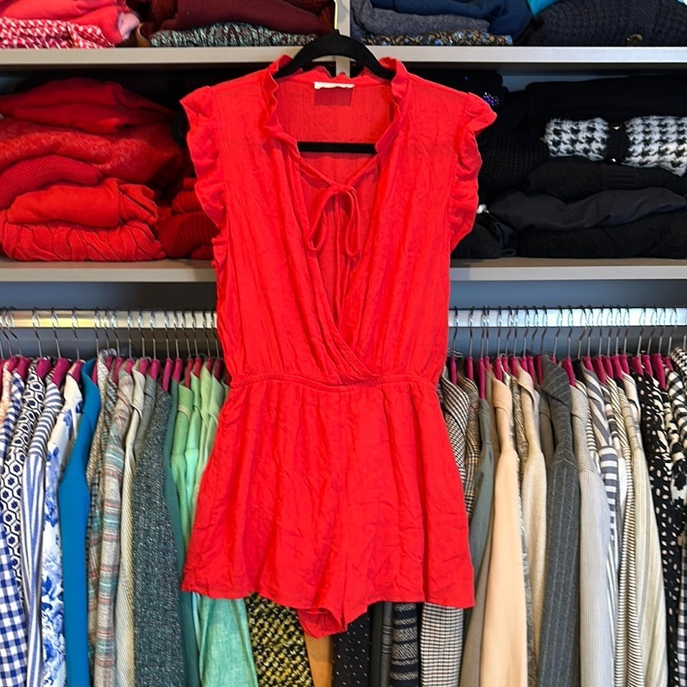 Sage the Label red elastic waistband sleeveless tie front v neck romper size S